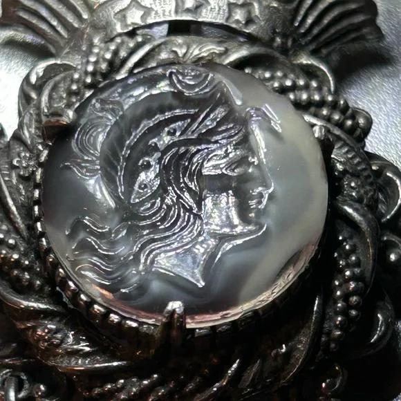 Vintage FLORENZA Slag Glass Intaglio Gunmetal Tassel Brooch Pin Pendant CAMEO